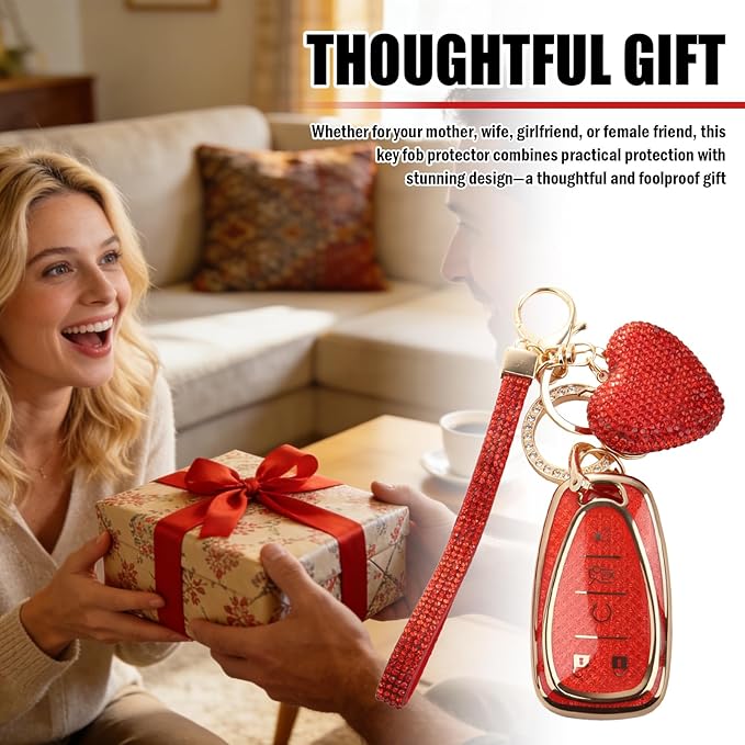 Compatible with Chevy Equinox Key Fob Covers,Stylish Car Key Cover with Bling Heart Keychain,5-Button Keys Fob Protector(Red)