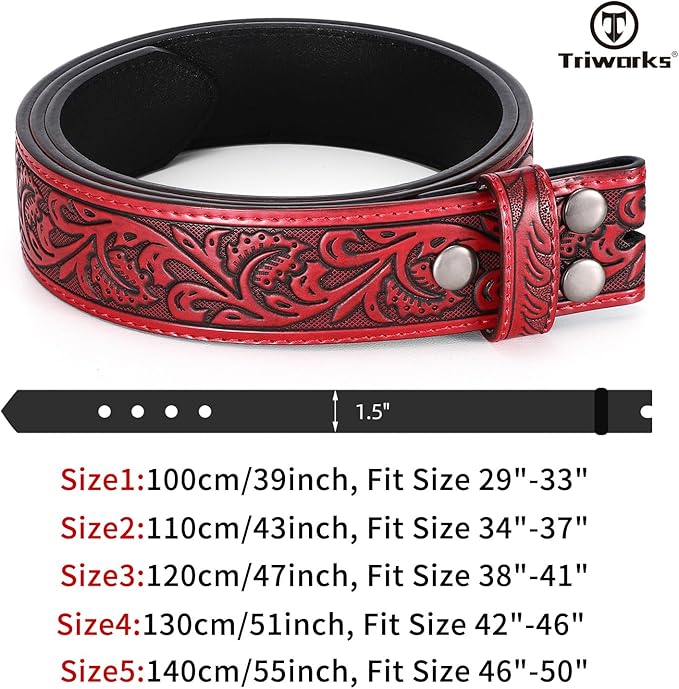TRIWORKS Western Belt Strap for Men without Buckle 1.5" Wide Floral Engraved Embossed Leather Belt Strap