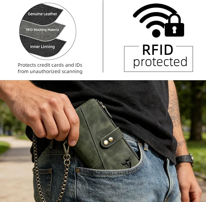 Genuine Crazy Horse Leather Travel Gift Coin Pocket Card Case Long Organizer Chain Rfid Wallet Purse With Snap For Men Male 1803 1815 (1803 The Green2)