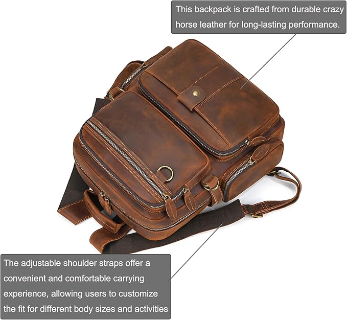 LUUFAN Full-grain Leather Laptop Backpack for Men Large Capacity Crazy Horse Leather Daypack Business Travel Outdoor Shoulder Bag, Brown