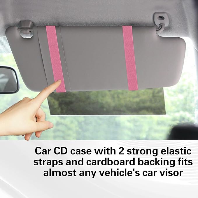 TIESOME CD Case Holder for Car, DVD Vehicle Visor Storage Organizer Large Capacity CD Visor Case Car Sun Visor Organizer with 12 DVD Storage Sleeves 1 Mesh Pocket 1 Pen Holder and Elastic Strap(Pink)