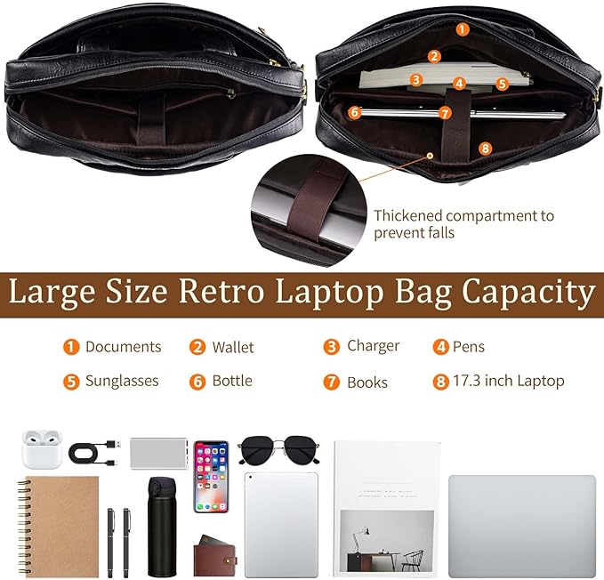 Faux Leather Messenger Bag for Men 17-17.3 Inch: Laptop Bag Briefcase Computer Handbags Shoulder Crossbody Bag with Padded Laptop Sleeve for Work College Travel, PU Black