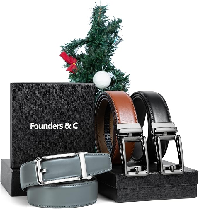 Founders & C Men's Leather Ratchet Comfort Click Belt Dress with Slide Buckle -Adjustable Trim to Fit