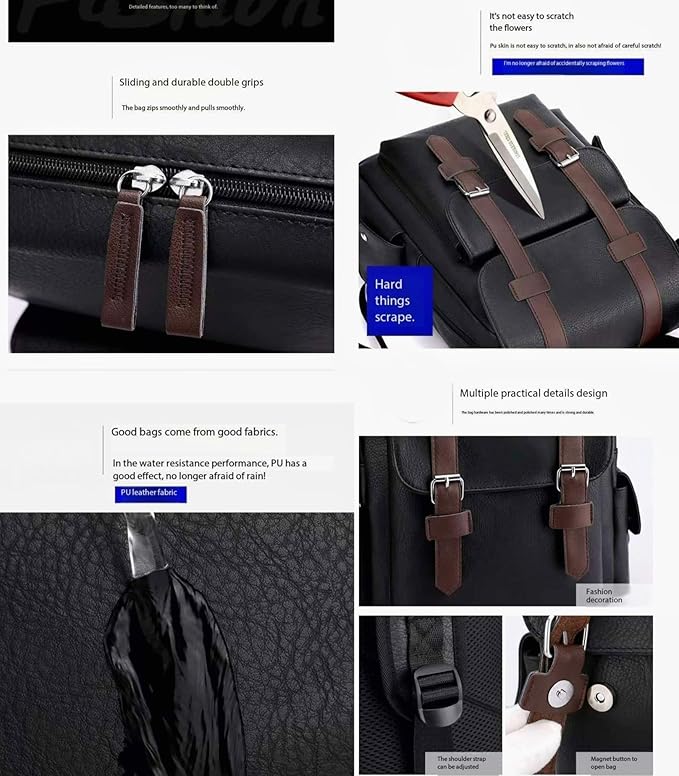 Business Men and Women PU Leather Backpack 15.6inch Laptop Waterproof Backpack Travel Commuter Lightweight schoolbag (Black backpack9,Medium)