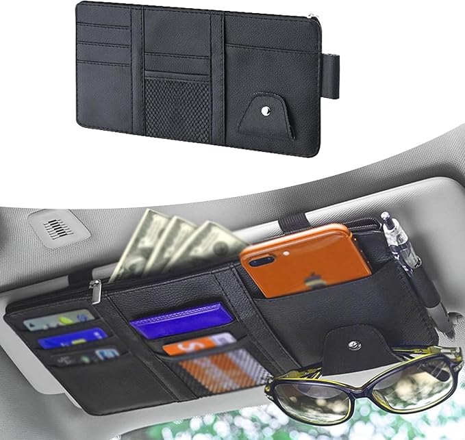 UGSHY Pack of 1 Leather Zipper Visor Storage Bag, Multifunctional Pocket Business Card Holder, 11.4In x 5.9In Car Sun Visor Organizer, for Men Women Car Interior Receiving (Black)