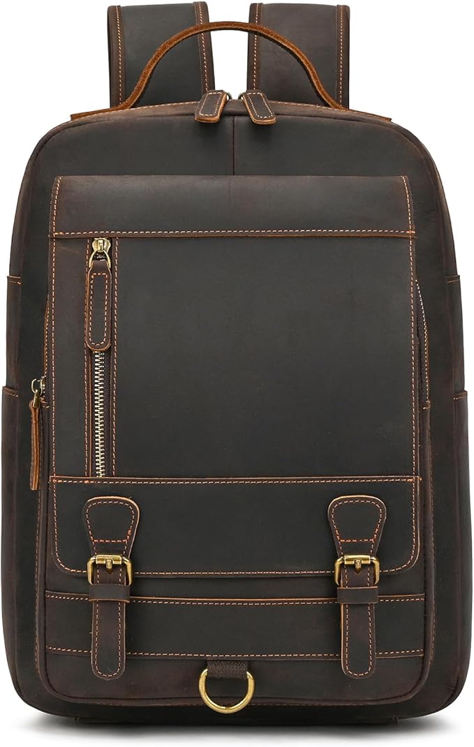 Vintage Full Grain Leather Backpack for Men, 16" Laptop Rucksack For Men Hiking Trave Work Business Bag, 1829 Dark Brown