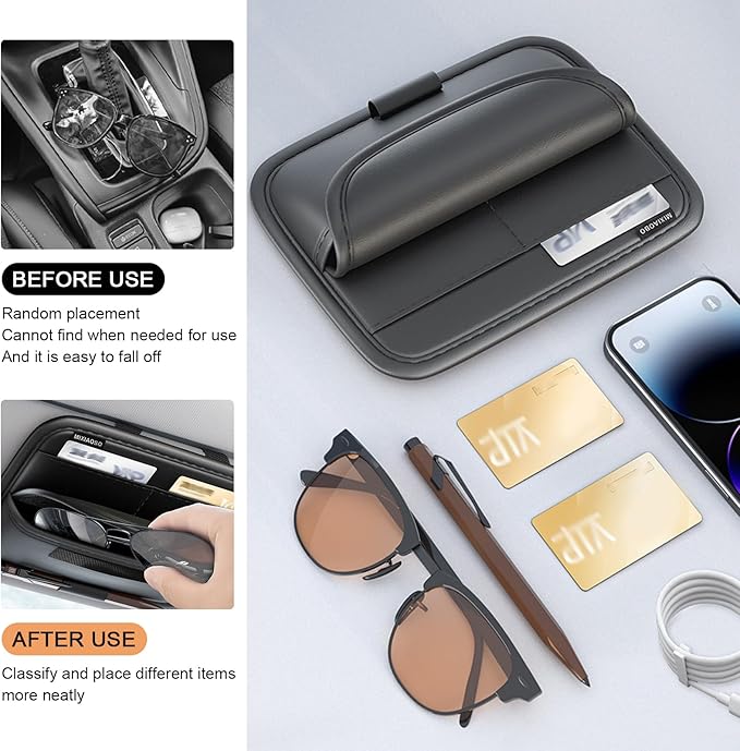 Shakas Car Sun Visor Organizer, Multifunctional Multi-Pocket Sunglasses Card Holder Pen Document Holder, Leather Anti-Scratch Protection Visor Storage Bag for Most Cars Trucks SUVs, Black