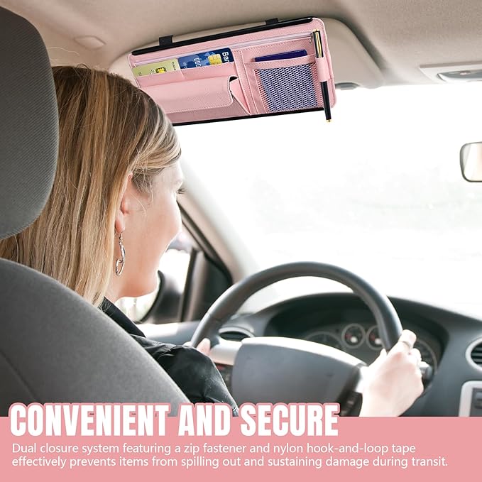 Hovom Car Visor Organizer, Leather Multi-Pocket Auto Sun Visor Storage Pouch with Sunglasses Holder, Card Holder, Zipper Pocket, Net Pocket, Pen Slot, Universal Interior Car Accessories (Pink)