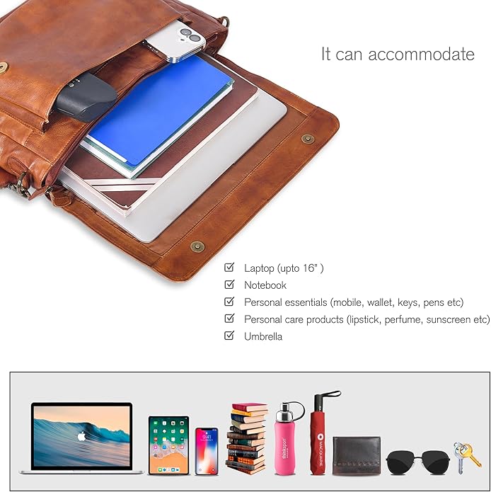 Oak Leathers Leather Messenger Bag for Men and Women - Laptop Briefcase Bag For College, Office, Adjustable Shoulder Strap