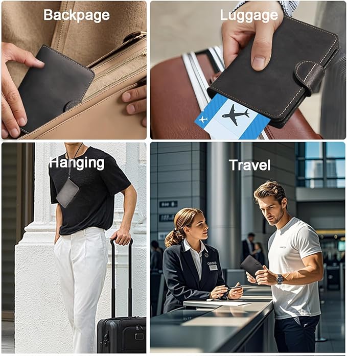 Genuine Leather Passport Holder for Travel - Rfid Passport Wallet with Hidden AirTag Slot, 2 Card Slots,for Men & Women & Family - Button Bifold Hidden Airtag Slot Style,Black
