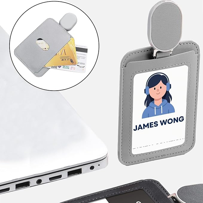 Larpur Retractable Badge Holder, PU Leather Work ID Card Holder Case for School Office, Horizontal/Vertical Key Card Credit Card Holders with Badge Reel Lanyard (Gray)