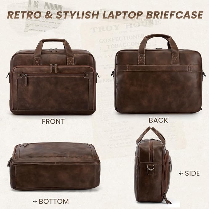 RAINSMORE Mens Laptop Bag 16 Inch Leather Briefcase Vintage Messenger Bag for Men Large Crossbody Shoulder Office Computer Bag Retro College Satchel Bag for Work, Business,Travel, Dark Brown