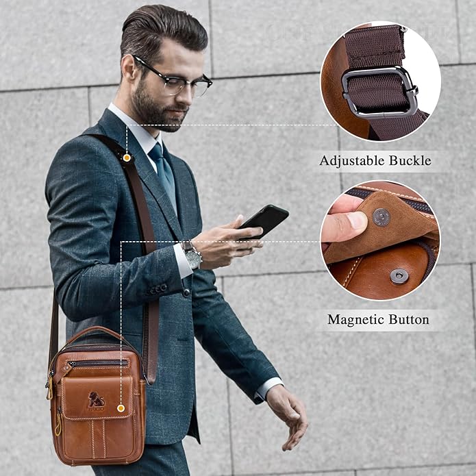 BAIGIO Genuine Leather Small Messenger Bag for Men Crossbody Shoulder Bag for Ipad MIni Handbag Man Purse for Daily Business | Genuine Leather, Small, for Ipad Mini, Man Purse, for Daily Business