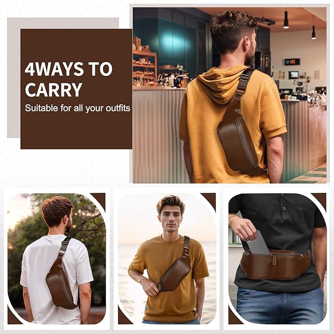 Faux Leather Belt Bag for Men, Crossbody Sling Bag with Adjustable Strap, Back Zipper Pocket, Large Capacity Waist Pack for Travel, Work, Every, Brown