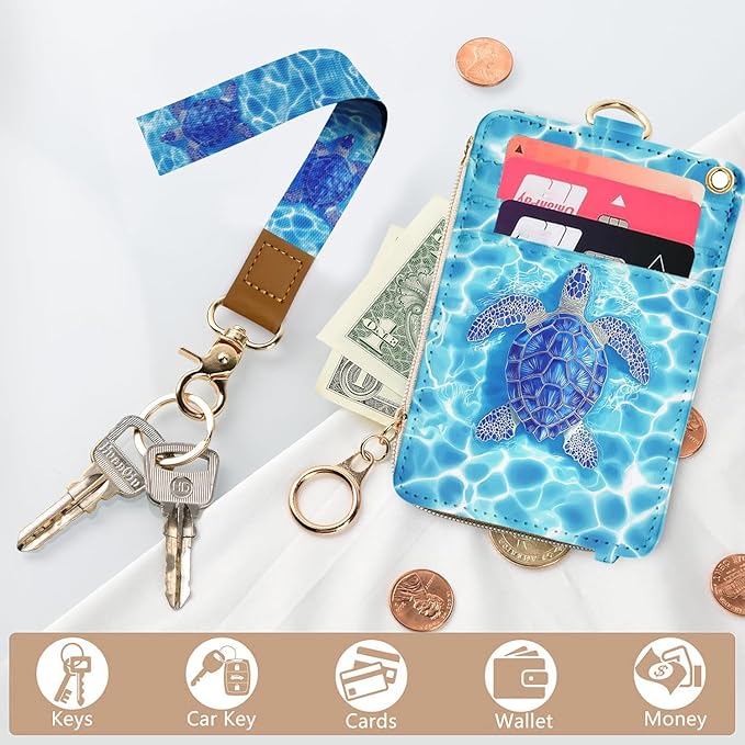 bolimoss Sea Turtle ID Badge Holder & Lanyard Wallet, Cute Leather Credit Card Holders with Removable Wristlet & Neck Lanyard, ID Name Badg 5 Card Slots Zipper Purses for Women Teacher