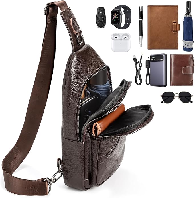 Leather Sling Bag Crossbody Bags for Men, Chest Pack for Daily Travel Leisure Sport(Black/Brown)