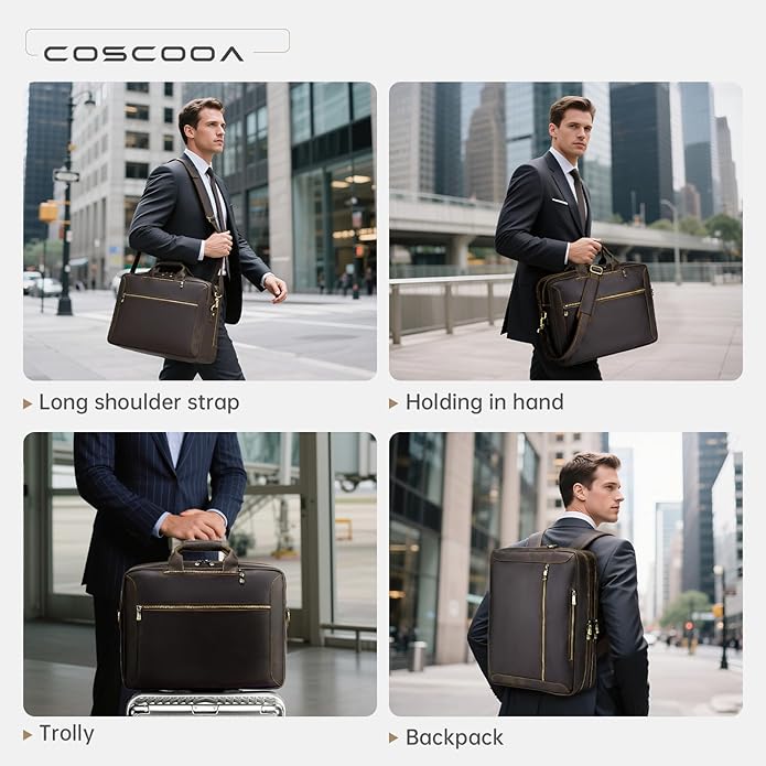 Large Full Grain Leather Briefcase Convertible Backpack For Men Business Travel Case Messenger Bag Fits 17.3" Laptop