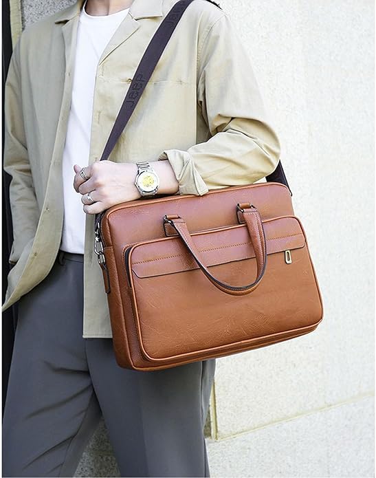 Men's Leather Laptop Bag 15 IN, Water-Resistant Briefcase Messenger Bag for Work, Business, Shoulder Crossbody Office Satchel