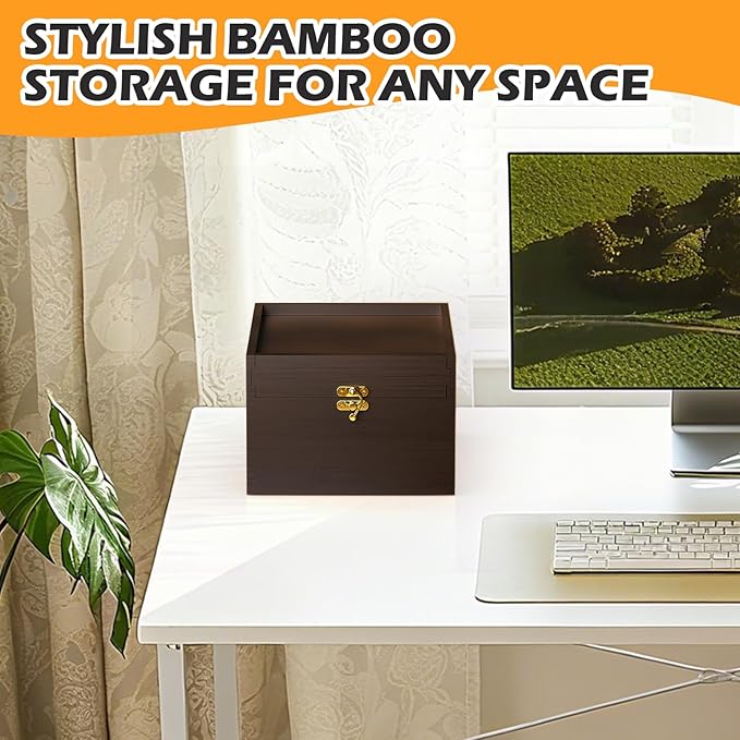 Bamboo Storage Box with Lid β Wooden Organizer with 4 Compartments, Sliding Cover & Metal Clasp Lock, Multi-Purpose Rectangular Stash Box, Eco-Friendly Bamboo Box for Home & Office