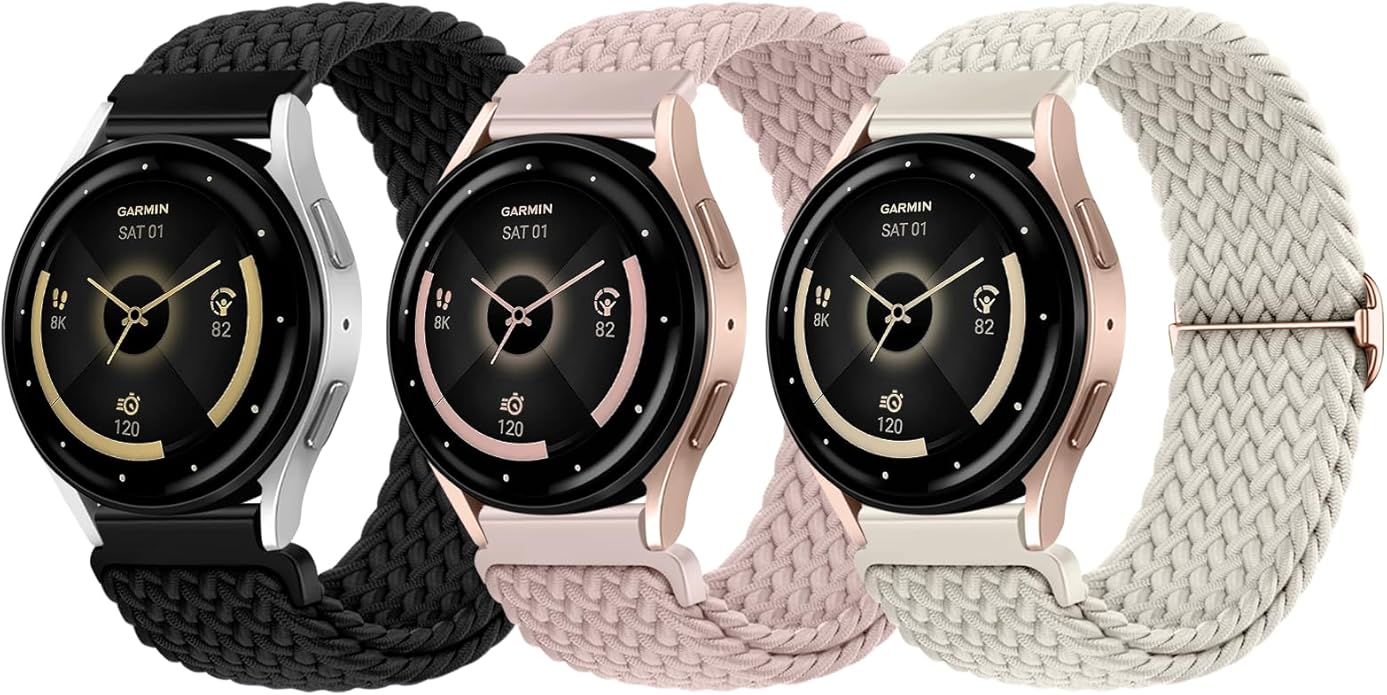 SNBLK 3 Pack 18mm 20mm 22mm Braided Watch Band Compatible with Garmin Vivoactive 5 Watch Bands/Vivoactive 6/3/4s, Quick Release Adjustable Elastic Nylon Loop Strap for Venu 3S/2S/Venu 3/2 Women Men