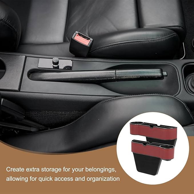 HARFINGTON Car Seat Gap Filler Organizer 10.6 x 7.1 x 2.8 Inch ABS+Leather Universal Car Organizer Storage Box Between Seat and Console (Left) with Cup Holders for Phone Keys, Wine Red