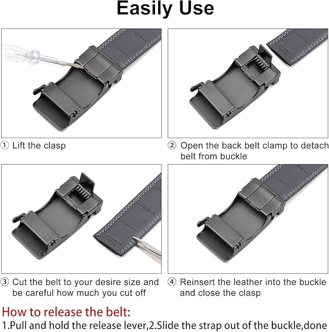 SENDEFN Men's Leather Belt Automatic Ratchet Buckle Slide Belt for Dress Casual Trim to Fit with Gift Box