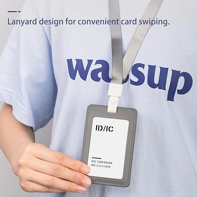 Leather ID Badge Holder with Lanyard for Women and Men, Vertical ID Card Holder, 2 Card Slots, 21 Inch Neck Lanyard for Work, School, Office