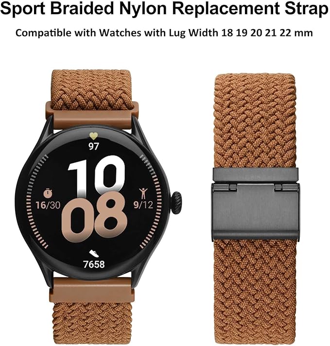 WOCCI 20mm Braided Nylon Watch Band for Men and Women, Quick Release, Black Stainless Steel Buckle (Brown)