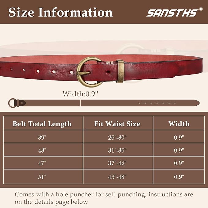SANSTHS Womens Genuine Leather Belts for Jeans Pants Trendy Vintage Thin Leather Belt Gold Buckle Ladies Skinny Waist Belt