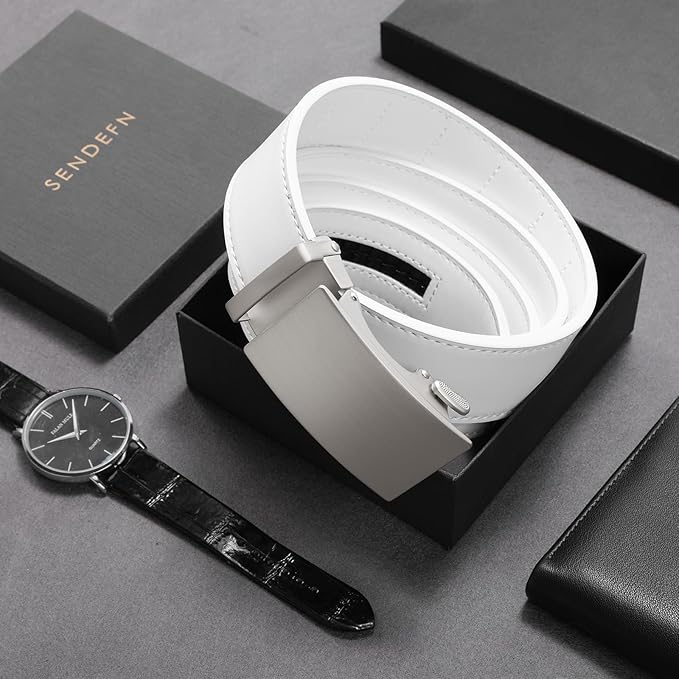 SENDEFN Men's Leather Belt Automatic Ratchet Buckle Slide Belt for Dress Casual Trim to Fit with Gift Box