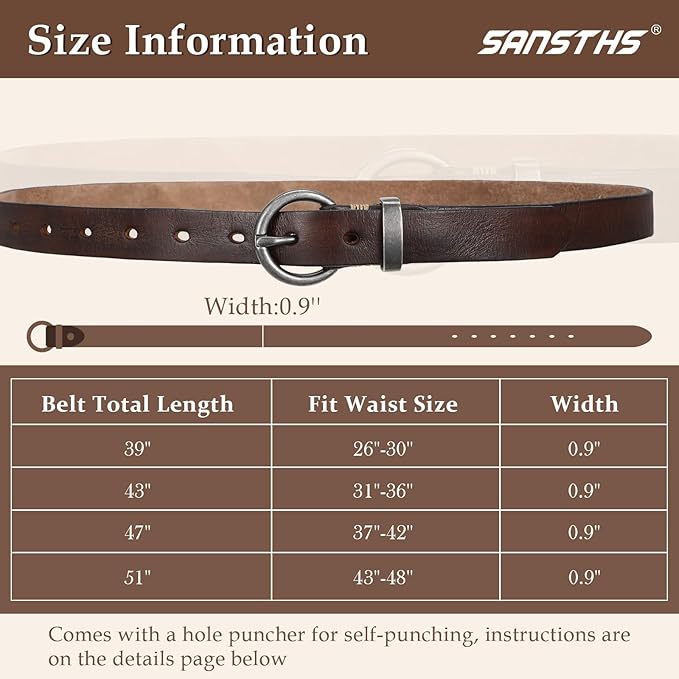 SANSTHS Womens Genuine Leather Belts for Jeans Pants Trendy Vintage Thin Leather Belt Gold Buckle Ladies Skinny Waist Belt