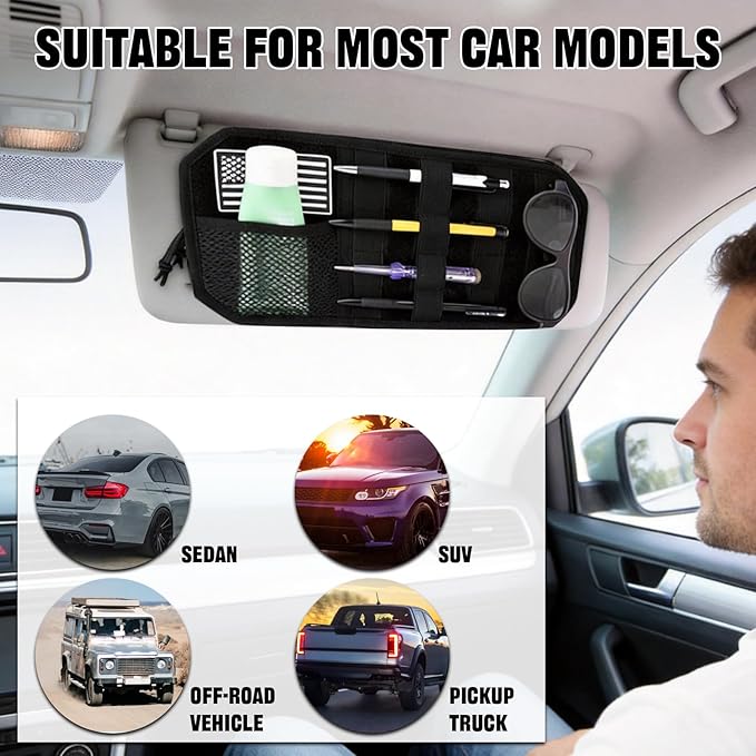 Molle Visor Organizer For Car, 1000d Polyester Tactical Panel With Double Zipper Multi-Pockets & Glasses Clip And 3 Replaceable Velcro, Semi-Rigid Molle Panel, Perfect For Pickup Trucks Suv、 Sedan