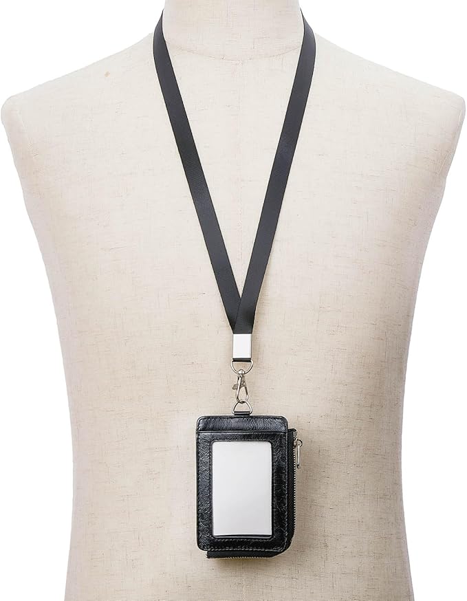 Badge Holder – Genuine Leather ID Badge Holder with Zipper Pocket and Nylon Lanyard – Perfect for Badges, Cards, and More