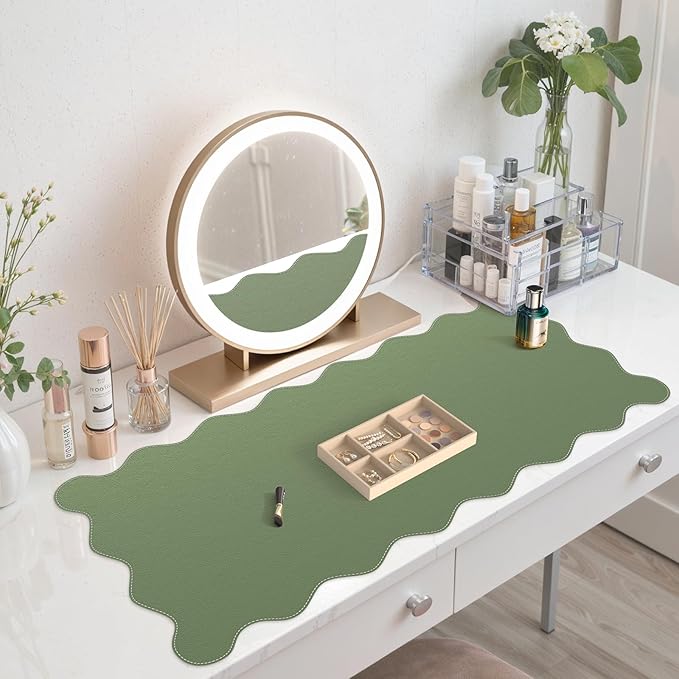 iCasso Leather Mouse Pad,Extra Large Desk Pad with Stitched Edges,Cute Scalloped Computer Mat for Desktop,Non-Slip Nail Mats Green,Waterproof Desk Protector for Office Home School