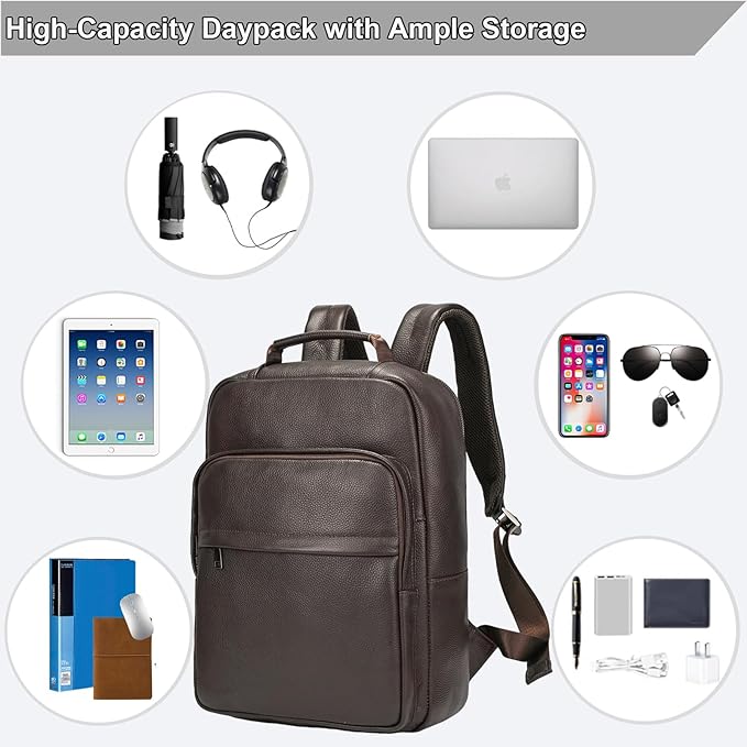 Durable Genuine Leather Backpack - 15.6 Inch Laptop Bag for Business Commute & Travel, Large Capacity Multi-Pocket Backpack for Men/Women, Coffee