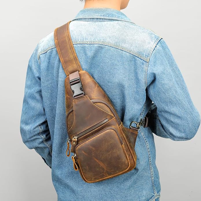 NIUCUNZH Genuine Leather Sling Bag Front Metal-Latch Crossbody Bags Handmade Vintage Chest Shoulder Backpack for Women Men