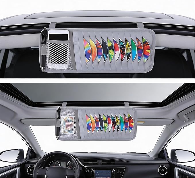 Visor CD Holder, Sun Visor CD Holder, Grey Car Visor CDs Holders with 12 Disc Sleeves 1 Mesh Pocket 1 Pen Holders & Elastic Strap