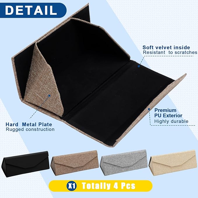 Flutesan 4 Pack Foldable Glasses Sunglasses Case PU Hard Shell Collapsible Eyeglasses Leather Case 4 Cleaning Cloths