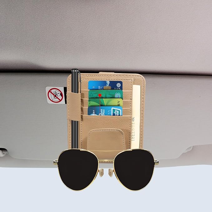 2Pcs Car Sun Visor Organizer, Slim Leather Sunglass Holder for Car, Auto Document Holder for Card, Sunglasses, Insurance, Registration, Pen, Receipt (Brown+Khaki)
