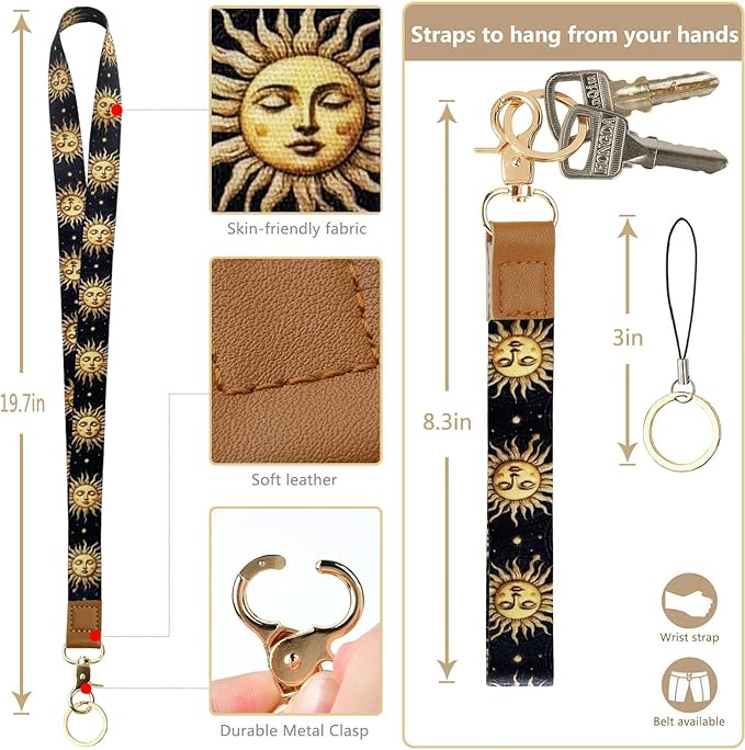 2-in-1 ID Badge Holder & Lanyard Wallet, Sun Moon Lanyard with Retractable Badge Reel 2-Sided Leather Zipper Coin Pouch, Multiple Card Slots Quick Rlease Detachable Neck Lanyards Strap for Keys Cards