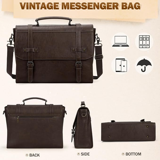 RAINSMORE Mens Messenger Bag 18 Inch Waterproof Vintage Leather Laptop Briefcase Large Laptop Bag Satchel Bag Computer Shoulder Bag for Office Business Travel College,Coffee