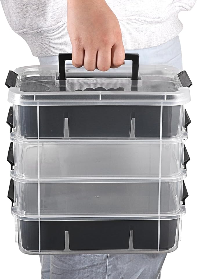 JUXYES 4-Tiers Stack Carry Storage Box With 2 Divided Tray, Transparent Stackable Storage Bin With Handle Lid Latching Storage Container for School & Office Supplies, Black