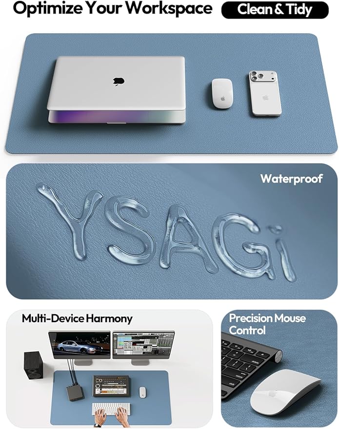 YSAGi Leather Desk Protector, Office Mat, Large Mouse Mat, Non-Slip PU Leather Blotter, Laptop Desk Pad, Waterproof Writing Pad for Office and Home (Blue, 35.4" x 17")