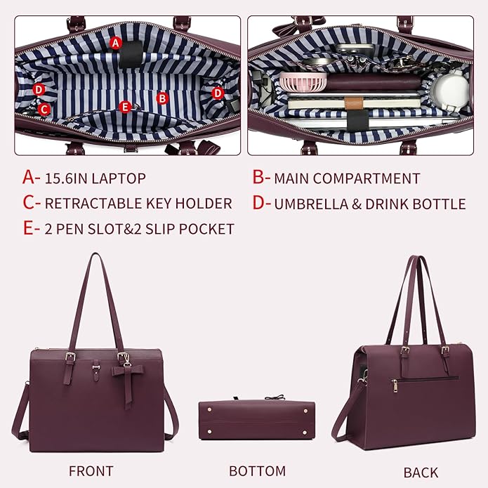 Keyli 4pc Sets Laptop Bag for Women Large Leather Laptop Briefcase with USB Charging Port Computer Shoulder tote Bags Purse