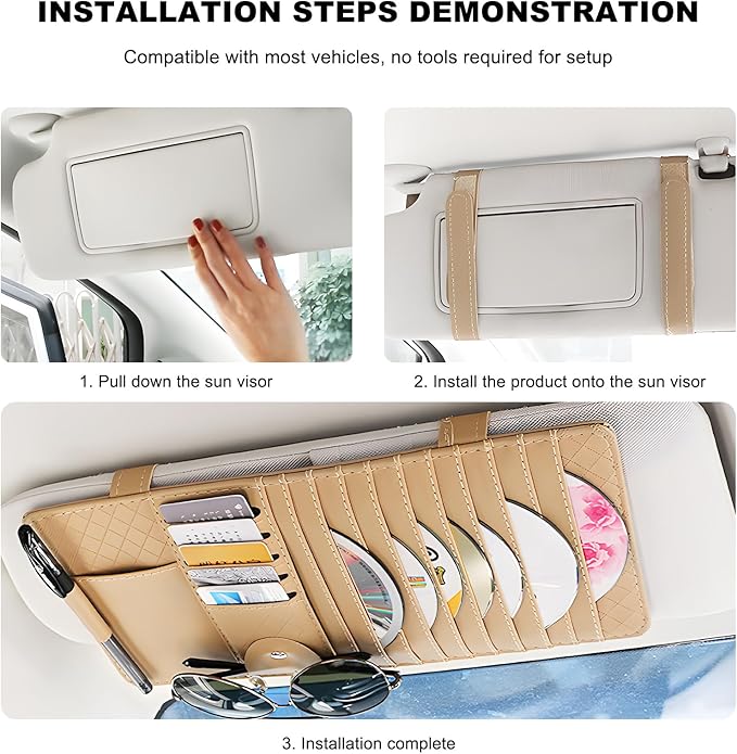 Sun Visor CD Case Holder for Car, Leather Auto Visor DVD Storage Case with Card Slots & Pen Holder, Multi-Pocket Large Capacity CD Layered Organizer for Most Vehicles (Beige)