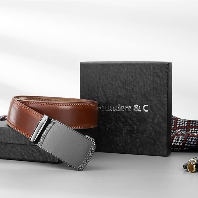 Founders & C Men's Ratchet Belt 1 3/8",Leather Dress Belt Adjustable with Click Sliding Buckle Trim to Exact Fit