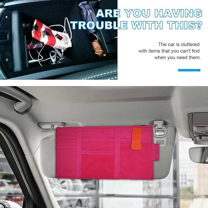 Car Sun Visor Organizer, Auto Interior Visor Storage Pouch Holder with Zipper, Multi-Pocket Net Personal Belonging Organizer, Universal Car Accessory for Cards, Documents (Rose Red)