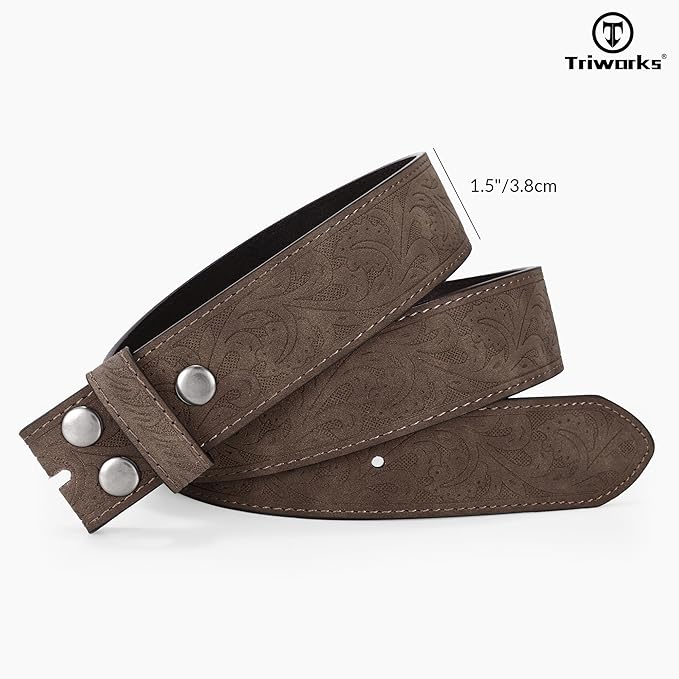 TRIWORKS Western Belt Strap for Men without Buckle 1.5" Wide Floral Engraved Embossed Leather Belt Strap