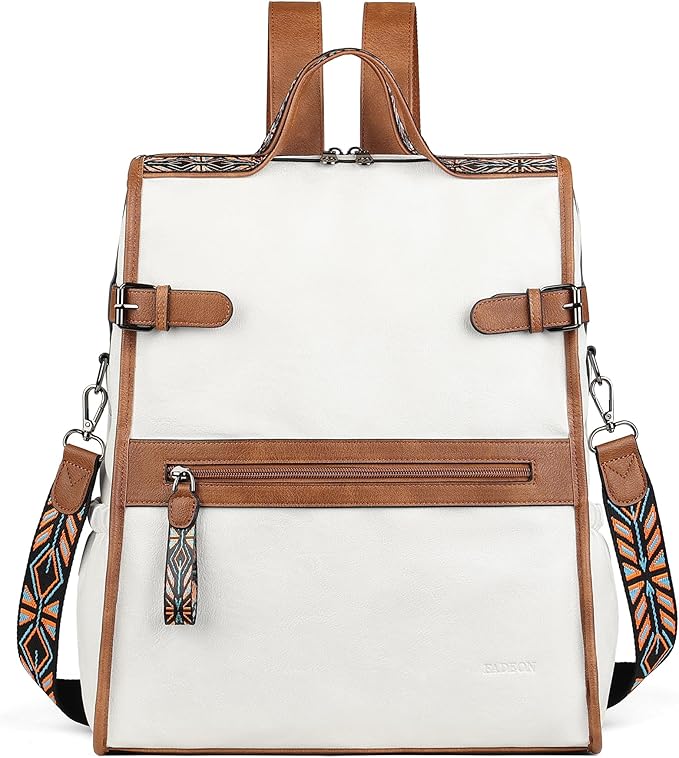 FADEON Leather Laptop Backpack for Women, Designer Ladies Work Travel Computer Backpack with Laptop Compartment Purse White