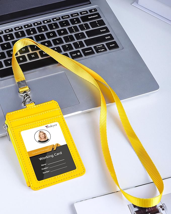 Teskyer Badge Holder with Side Zip Pocket, Multiple Card Slots Leather ID Holder Wallet with Neck Lanyard for Office Staffs, Teachers/Students, Workers, Cruise Cards, Bus/Metro Cards, Bright Yellow